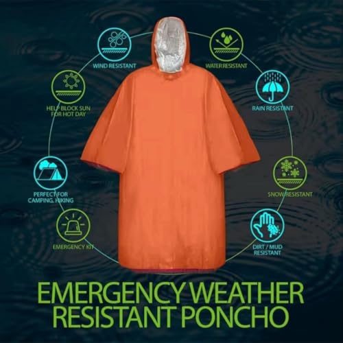 Emergency Poncho with Mylar,Thermal Poncho,Survival Rain Poncho,Lightweight, Compact, Reusable Emergency Blanket Poncho for Hiking, Camping, Thermal Gear, Car Kit, Outdoors - 4 Pack (Orange)