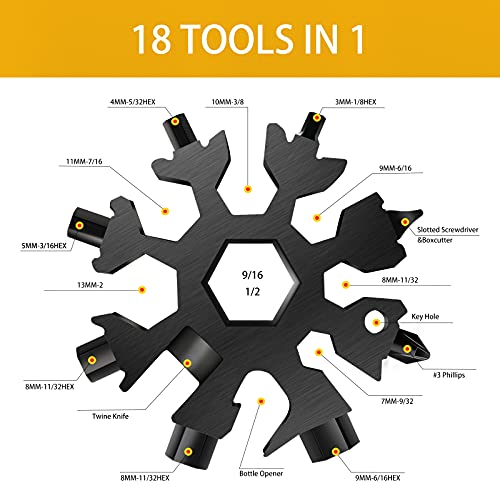 Snowflake Multitool, 1 Pieces 18-in-1 Stainless Steel Snowflake Standard Multitool, Snowflake Tool with Key Ring, Carabiner Clip and Gift Bag (Black) - color: Black, size: 1 PCS