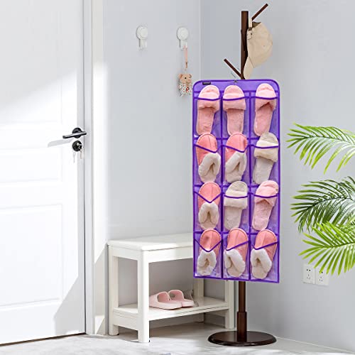 Dual Sided Hanging Shoe Organizer for Closet with Rotating Hanger Hanging Shoe Rack Holder with 24 Large Pockets (Purple-Clear Pockets) - color: PURPLE