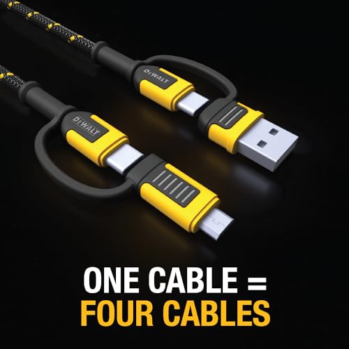 DEWALT Heavy Duty 4-in-1 Cable, Type C/MicroUSB/USB, (6ft, Black) | Cables for iPhone 17/16/15 iPad, USBC All in One Charging Cable, HTC, LG, Samsung Galaxy, Android, iPad Pro, Micro-to-C