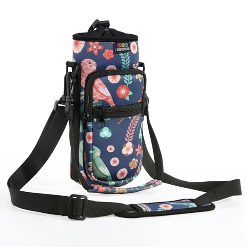 Nuovoware Water Bottle Carrier Bag, 750ml Bottle Pouch Holder, Adjustable Shoulder Hand Strap 2 Pocket Sling Neoprene Sleeve Sports Accessories for Hiking Travelling Camping, Green Bird+Blossoms - color: Green Bird+Blossoms, size: 25-32 Ounces - Standard