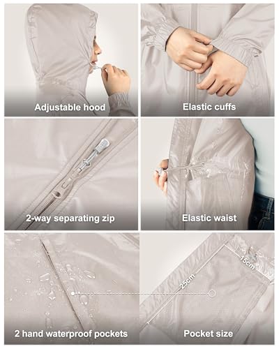 33,000ft Women's Waterproof Long Rain Coats Packable Rain Jacket with Hood Trench Coats Windbreaker - color: Beige, size: Small