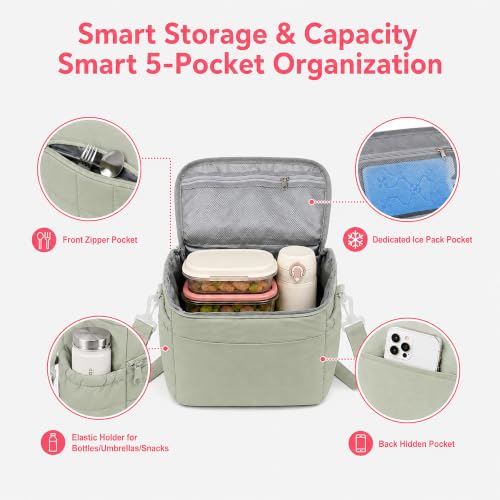 Insulated Lunch Bag for Women, Quilted Leakproof Lunch Tote with Shoulder Strap, Wide Opening Reusable Cooler Bag for Work, Office, Picnic & Travel (Sage) - color: Sage