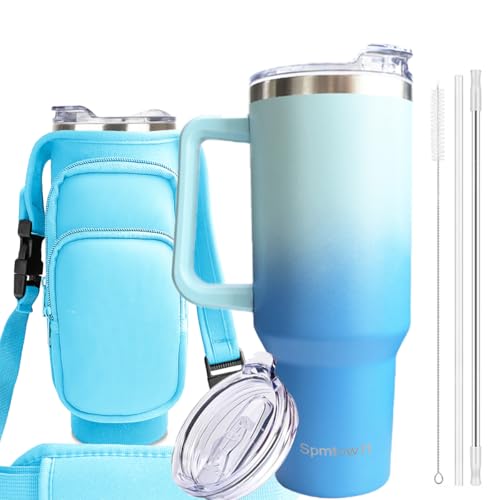 40oz Travel Tumbler with Handle and Straw, Water Bottle with Carrier Bag - color: Blue G