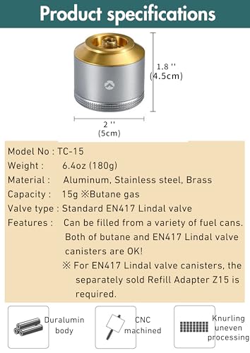 CAMPINGMOON Empty Refillable Gas Canister 15g EN417 Lindal Valve TC-15 | Pocket 15g Refillable EN417 Gas Canister for Compact Camp Lanterns