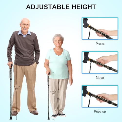 supregear Folding Cane, Lightweight 5-Level Adjustable Walking Stick with Wrist Strap and T-Handle, Portable Mobility Aid for Elderly and Disabled Men and Women - color: Leopard