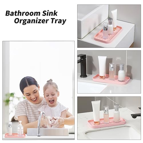 MicoYang Silicone Kitchen Sink Organizer Tray for Multiple Usage,Easy Clean,Eco-Friendly Sponges Holder for Kitchen Bathroom Counter or Sink,Dish Soap Dispenser,Scrubber,Bottle,Cup Pink 10”x 5.3” - color: Pink, size: 10" x 5.3" x 0.7"