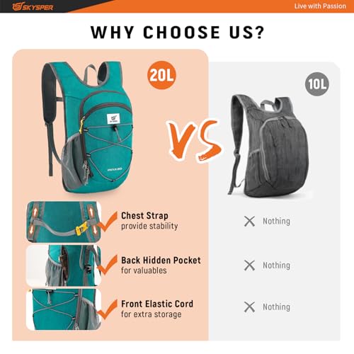 SKYSPER 15L/20L Foldable Hiking Backpack Lightweight Packable Travel Daypack with Chest Strap Small Folding Pack for Walking - color: Cyan, size: 20l