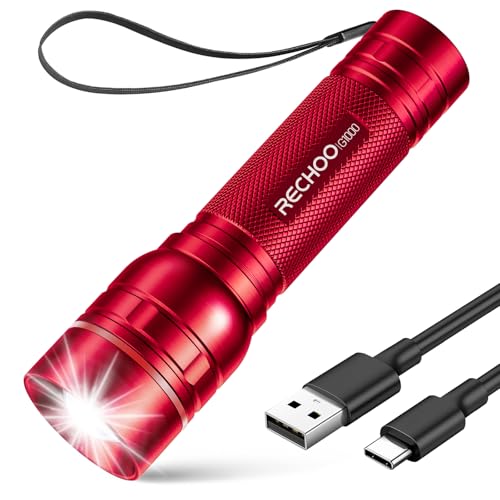 RECHOO Rechargeable Flashlights High Lumens, G1000 Super Bright Flash Light, Small Zoomable LED Flashlight with 3 Lighting Modes, Portable Tactical Flashlight, Gift for Women(Battery Included)-Red - color: Red, size: 1 Pack