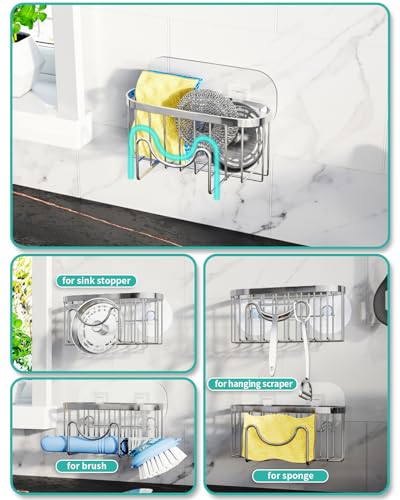 HapiRm Multifunctional Adhesive Kitchen Sink Organizer with M-Shaped, 2 Installation Methods Kitchen Sponge Holder, Rustproof Sponge Caddy for Brush, Sink Stopper and Scraper -Silver - color: Silver, size: with M-shaped Holder