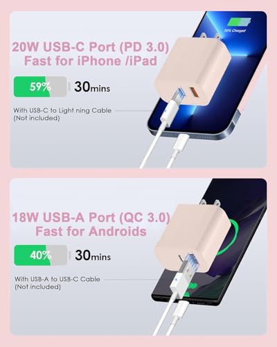 USB C Charger Block, iPhone 16/15 Charger Block [3 Pack] 20W Dual Port QC+PD 3.0 Power Adapter Multiport USB A Fast Charging Plug for Apple iPhone 16/16 Pro/16 Pro Max/16 Plus/15/14/13/12/11/iPad-Pink - color: Pink