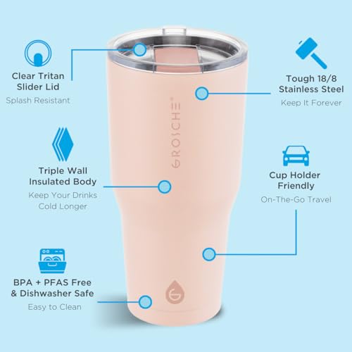 GROSCHE Yukon Triple Insulated Coffee Travel Mug with Lid - 30 oz Pink - color: Pink, size: 30 Ounces