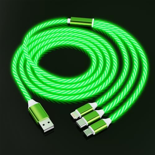 3-in-1 Light Up LED Flowing Lightning/Type C/Micro USB Car Glowing Charge Cable for iPhone,Green Multi RGB Car Charger Cord for Apple iPhone 15/14/13/12/11 Pro Max/XR/XS/SE,iPad/Android/Samsung-4FT - color: Green