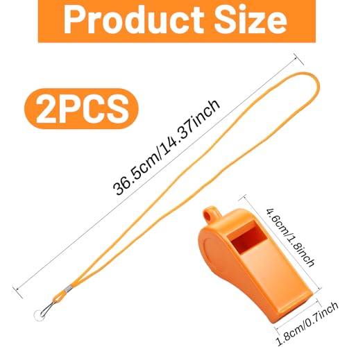 2 Packs Plastic Orange Whistle, Referee Whistles with Lanyard Super Loud Emergency Whistle for Boating, Swimming, Kayaking, Hiking, Camping