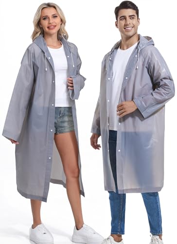 2-Pack Reusable Rain Ponchos for Adults, HOOMBOOM Raincoats Emergency for Women/Men with Drawstring and Sleeves - color: Grey