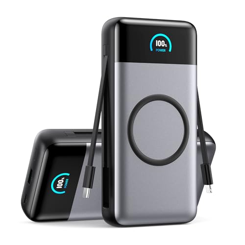 Wireless Portable Charger 40,800mAh with Built-in Cables,15W Wireless Charging 25W PD QC4.0 Fast Charging USB-C Power Bank,Travel Essentials External Battery Pack for iPhone 17/16/15/14,Galaxy,Android - color: Black