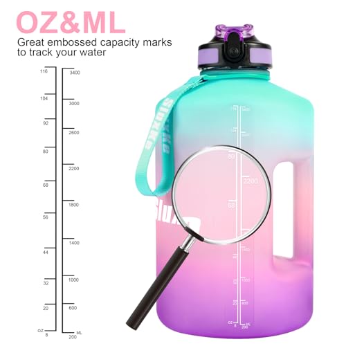 SLUXKE 1 Gallon Motivational Sports Water Bottle with Time Marker, BPA Free 128oz Leak Proof Jug, Black, Plastic, 128 ounces, Fitness, Sports, Outdoor Activities - color: Green Pink Purple