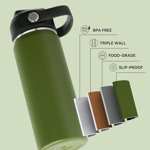 Fijinhom 18oz Insulated Stainless Steel Water Bottle, Wide Mouth Double Wall Vacuum, Silicone Straw, Sweat & Leak Proof, BPA Free Insulated Water Flask for Travel, Keep Cold 24h Hot 12h, Green - color: Green, size: 18 Ounces