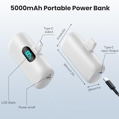 Mini Portable Charger USB C Power Bank,5000mAh PD Fast Charging Battery Pack Built-in USB-C Connector Travel Essential for iPhone17/Pro/17Pro Max/16e/Air/16 Plus/16Pro Max/15 All Series,Android White - color: White