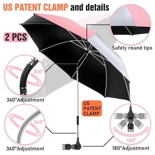 2 Pack Beach Umbrella with 360 Universal Clamp, UPF50+ Umbrella Outdoor Patio Sun Protection for Chairs, Beach &Patio Use (Not Include Chair) - color: Pink/Silvery