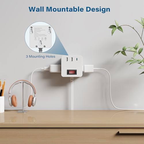 Outdoor Power Strip Cube 6 Ft, IPX4 Waterproof 3 AC Outlet Widely Spaced with 2 USB-A & 1 USB-C PD 20W Charging Station, Low Profile 45 Degree Flat Plug Extension Cord Wall Mountable, ETL-White - size: 6FT