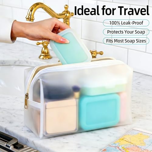 Travel Soap Dish 2pcs - PYRRHIC Leakproof Travel Soap Case with Draining Layer Portable Silicone Soap Container Portable Soap Dish for Bathroom Shampoo Bar Gym Camping (Mint Green & Beige)