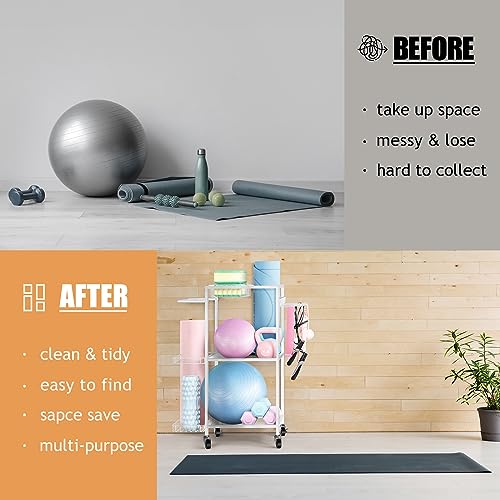 Yoga Mat Storage Rack, Home Gym Storage, Workout Equipment Storage Rack | Home Gym Storage Rack with Lockable Casters, Multi-Purpose Storage, Metal Frame, Strong Structure, Easy To Install - color: White