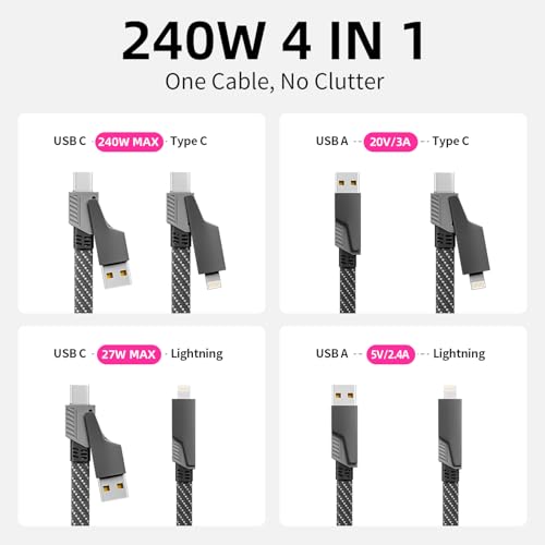 USB C Cable Fast Charging, 240W MAX 4 in 1 Charging Cable with E-Mark Chip | Multiple iPhone Charger Cord for iPhone 17-8/Pad/Android/Tablets and More, Carply Cable, Travel essentials & Car Accessories - color: Black&Gray, size: 1Pack 5 ft