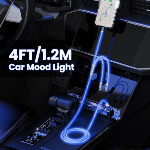 3-in-1 Light Up LED Flowing Lightning/Type C/Micro USB Car Glowing Charge Cable for iPhone,Blue Multi RGB Car Charger Cord for Apple iPhone 15/14/13/12/11 Pro Max/XR/XS/SE,iPad/Android/Samsung-4FT - color: Blue