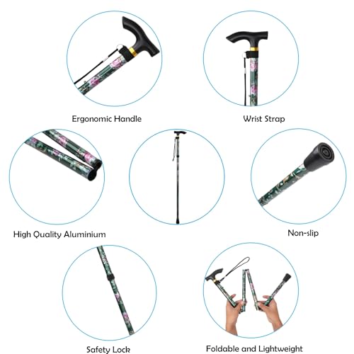 Folding Lightweight Walking Stick - Adjustable Aluminum Metal Collapsible Travel Cane with Non-Slip Rubber Base - color: Green Floral