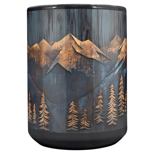 Mountains and Forest Trees Coffee Mug – One Mug, Full Wrap Design (Not Textured) – Outdoorsy Gift for Nature Lovers, Hikers, Campers & Rustic Cabin Decor – 15oz Black Ceramic Cup - size: 15 Ounces