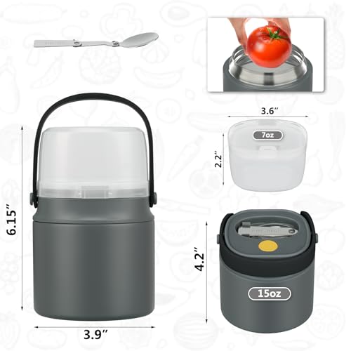 2 - in - 1 Soup Thermo for Hot Food 14oz with Snack Box Container Leak Proof Insulated Lunch Container Kids and Adults Stainless Steel Double Wall Vacuum Wide-mouth Thermal with Spoon and Handle - color: Gray, size: 14oz