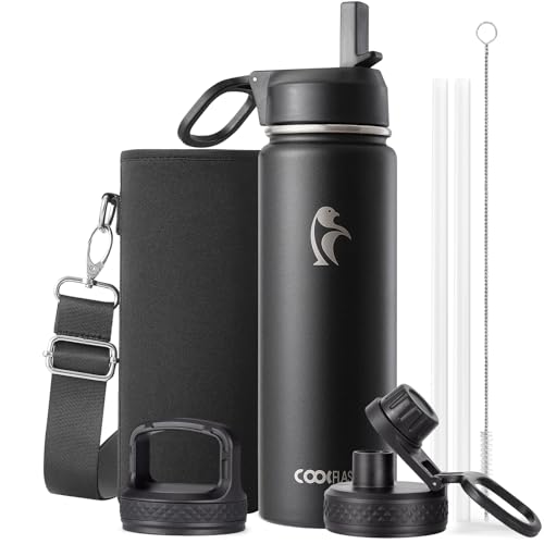Coolflask 20 oz Insulated Water Bottle with Straw & 3 Leakproof Lids - color: Magic Black, size: 20 Ounces