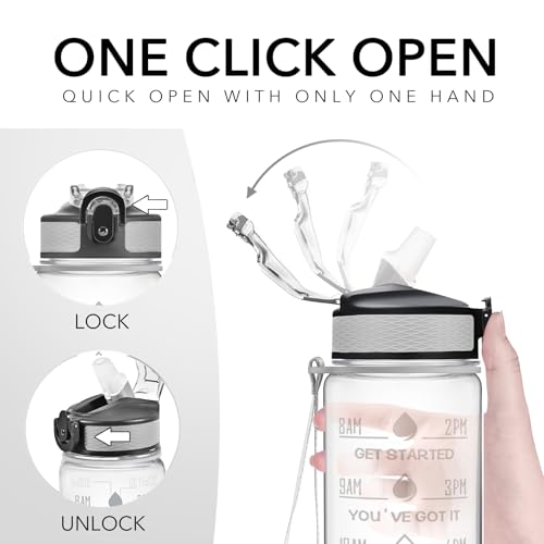 Hyeta Water Bottle with Straw & Time Marker, Plastic 32oz Leakproof - color: transparent