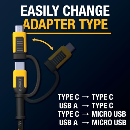 DEWALT Heavy Duty 4-in-1 Cable, Type C/MicroUSB/USB, (6ft, Black) | Cables for iPhone 17/16/15 iPad, USBC All in One Charging Cable, HTC, LG, Samsung Galaxy, Android, iPad Pro, Micro-to-C