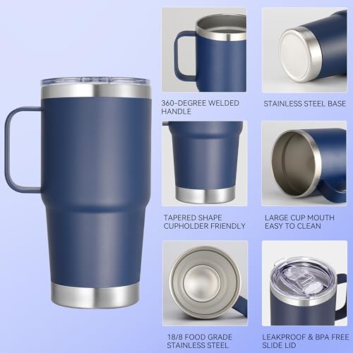 20 oz Stainless Steel Tumbler with Handle Metal Insulated Coffee Travel Mug with Handle Double Wall Tumbler Cup with Lid and Straw, Navy 1 Pack - color: Navy, size: 20 Ounces