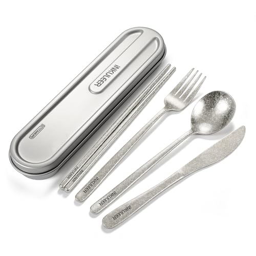 iNKULEER 100% Pure Titanium Travel Cutlery Set | Reusable Utensils with Metal Case | Portable Silverware for Camping, Office, Travel & Outdoor Dining - color: Titanium