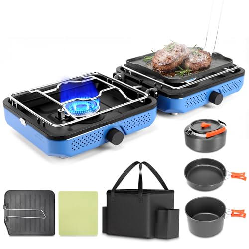Hisencn 2 Burner Propane Camping Stove, 30000 BTU Foldable Portable Gas Stove with Cookware Set & Carry Bag, Outdoor Cooking for Camping, RV, Emergency Use, Blue - color: navy blue