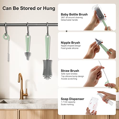 Baby Bottle Brush Set,6 in 1 Travel Silicone Bottle Cleaner Kit with Extendable Brush,Built-in Drying Rack,Nipple & Straw Brushes,Soap Dispenser & Organizer Case – Baby Shower Gift for New Moms - color: Green