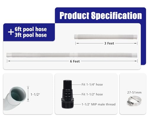 CIPU Pool Hose Kit 1-1/2 Inch, Above Ground Pool Filter Hose Replacement Set with 6 ft & 3 ft Hoses, 2 Black Adapters, 2 Clamps and PTFE Tape for Sand Filter Pool Pump - color: Black Adapters