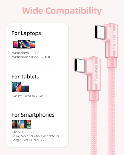 Right Angle USB C to USB C Cable 0.5FT 3Pack 65w | Durable nylon braided cable. Supports 65W fast charging. Compatible with iPhone 17/16/15, Galaxy S25/S24 - color: Pink, size: 0.5FT