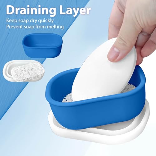 Leakproof Silicone Travel Soap Case with Drainage Layer, Silicone Bar Soap Holder Compact Portable Shatterproof Soap Container Box for Bathroom Gym Camp Travel Toiletries (KleinBlue, Clear Lid) - color: Kleinblue, size: Clear Lid