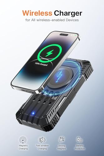 Solar Power Bank,49800mAh Portable Charger Wireless Charging USB-C 15W Fast Charging with 4 Built-in Cables LED Flashlight Battery Pack Compatible with iPhone, iPad, Galaxy, Perfect for Camping/Hiking