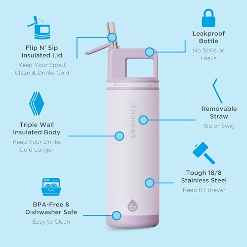 GROSCHE Alpine Flip 'N Sip Insulated Bottle with Straw Lid, Lavender, 20 oz - color: Lavender, size: 20 Ounces
