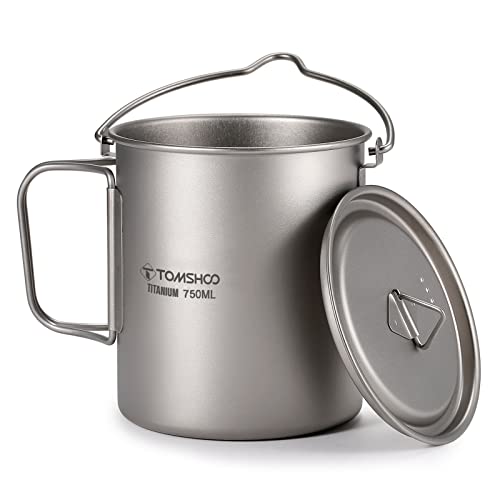 TOMSHOO 750ml/25oz Titanium Mug Camping Titanium Pot with Lid | Camping Coffee Cup with Foldable Handle, Backpacking Cup for Hiking Travelling Camping Open Fire - size: 25.4 Ounces