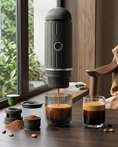 Portable Electric Espresso Machine Self-heating Rechargeable Travel Coffee Maker for Camping Hiking Office Car 19 Bar Compatible with NS Capsules & Ground Coffee with stand (Black+Stand)