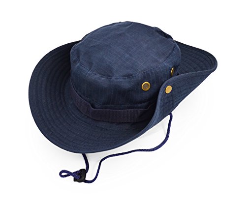 Outdoor Wide Brim Sun Protect Hat, Classic US Combat Army Style Bush Jungle Sun Cap for Fishing Hunting Camping - color: Navy Blue