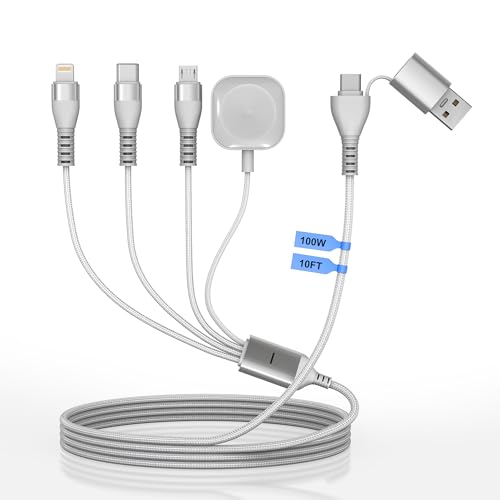 100W Multi Charging Cable for Apple Watch, 4-in-2 Charger Cord with Type C/Lightning/Micro USB/Magnetic iWatch Charger for iPhone 17-12, MacBook, iPad, Samsung, 10FT RV & Travel Essentials