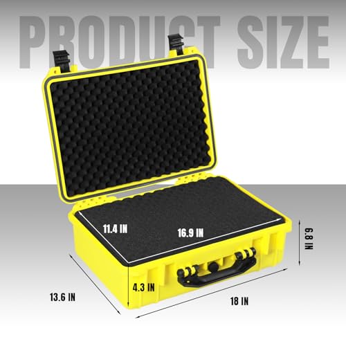 Jack Boss Waterproof Hard Camera Case with Pre-cut Foam,Yellow | Portable Protective Hard Shell Case With Updated Plastic Material,Fit Drones,Camera,Equipments,18x13.6x6.8 Inch - color: YELLOW