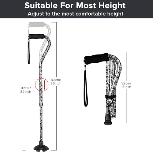 Elegant Walking Cane for Women, Foldable & Adjustable Cane for Seniors with Self-Standing Tip | Lightweight Mobility Aid for Stability & Balance Support - color: Black and white floral printed